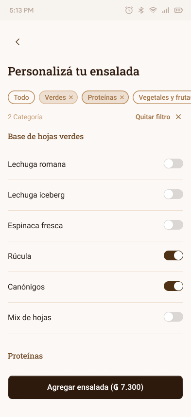 El Molinillo salad customization screen with multiple dietary filters applied simultaneously